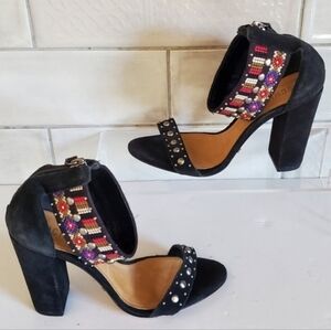 NWOT Schutz 7.5 Boho Resortwear Southwestern Suede Studded Beaded Open Toe Heels
